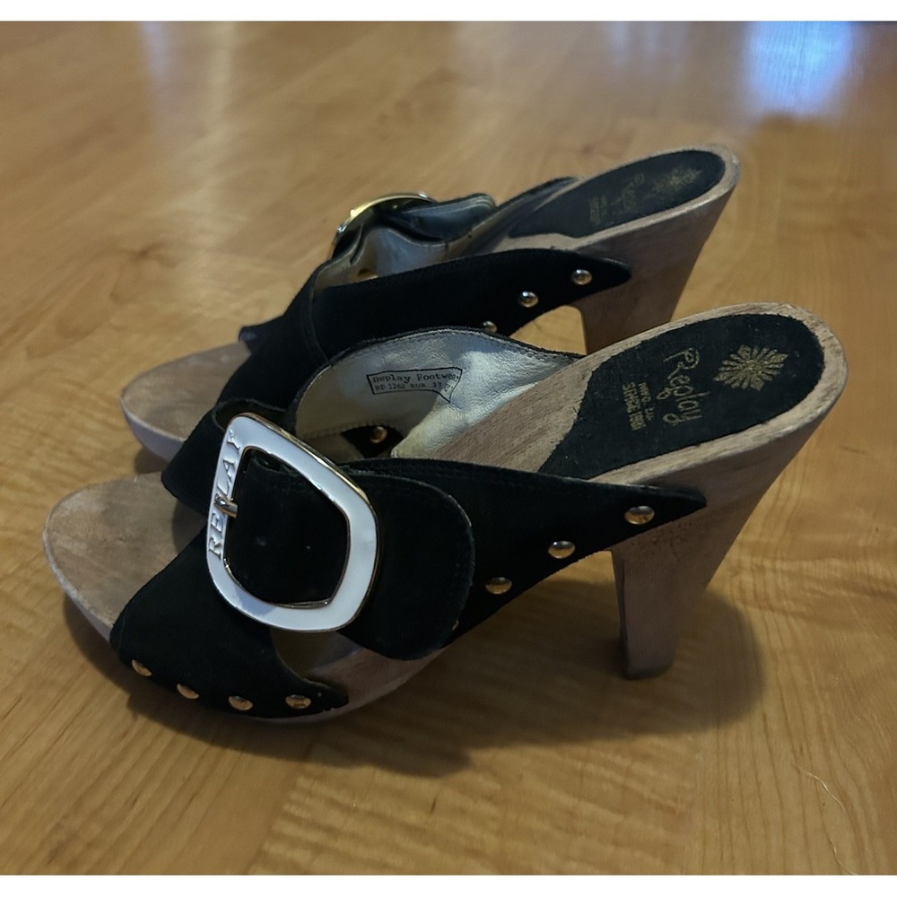 Vintage Replay Women’s Shoes Damie Black Suede Open Toe Mules Wood Heel Size 7
